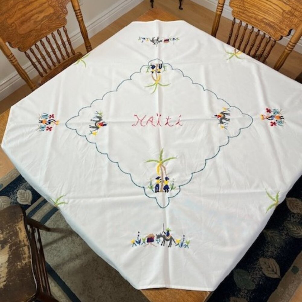 Haiti Embroidered Tablecloth Vtg